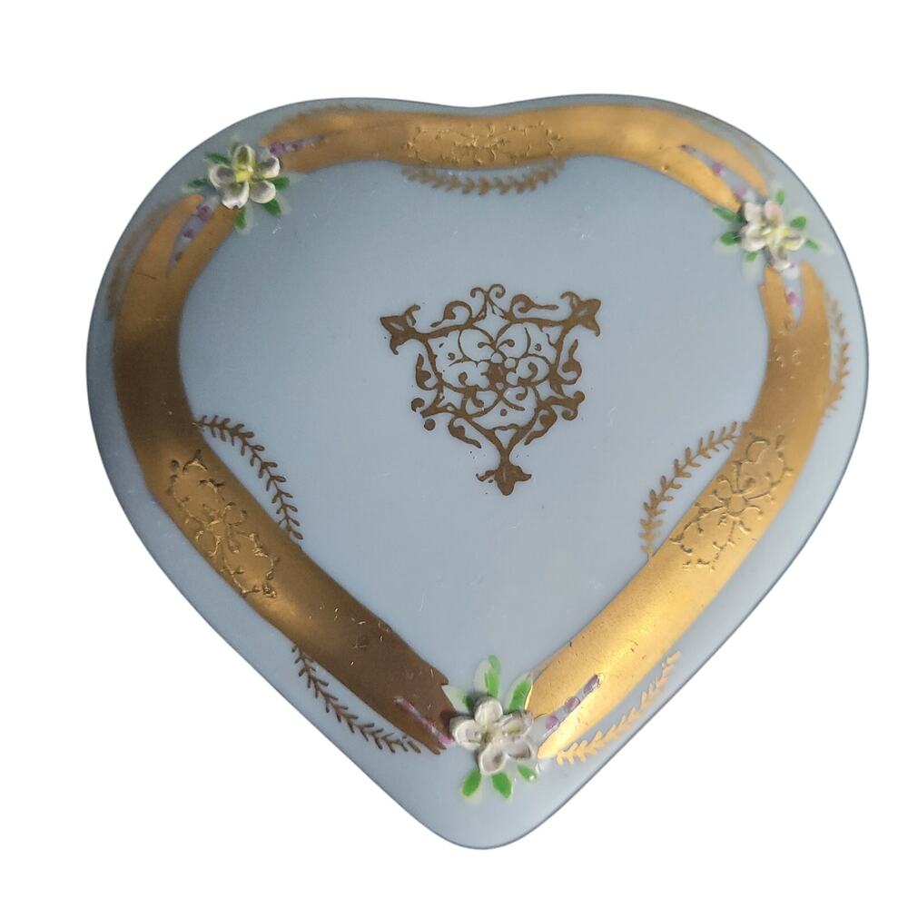 Vintage Porcelain Heart Trinket Box Gold Gilt Floral Lid Small Jewelry Box w/Lid
